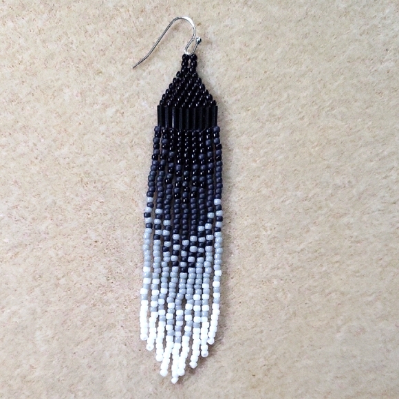 Beaded Earrings - Black Bugle beads, Black, Grey,  & White seed beads. - Picture 2 of 3
